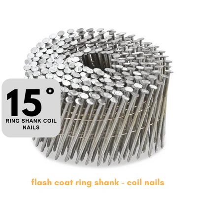 Fifteen degree ring shank coil nails